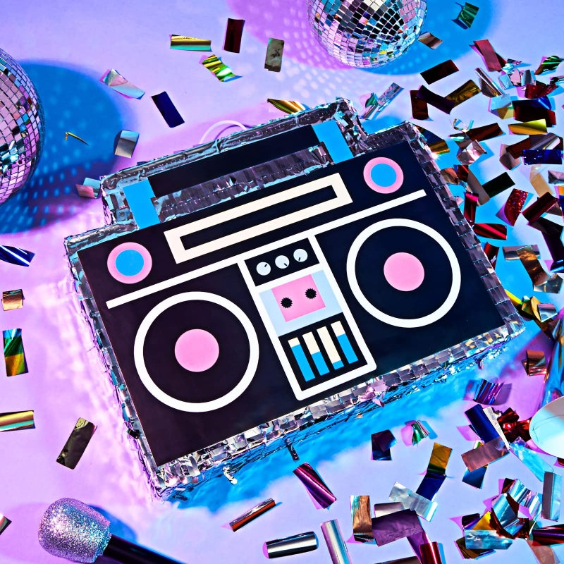 BLUE PANDA Boombox Pinata - 16.5 x 12.8 x 3 In, Silver & Neon - Pinata for Birthdays, 80, 90s Theme Party Decoration & Dance Supplies - Image 2
